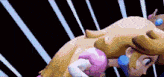a pixel art of princess peach laying down on a black and white striped background