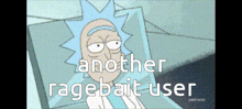 a cartoon character is laying in a bed with the words `` another ragebait user '' written on the bottom .
