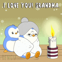 a card that says i love you grandma with two penguins
