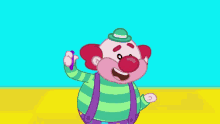a cartoon of a clown with a purple ribbon around his neck and a boy holding a lollipop