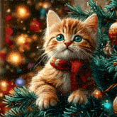 a kitten is sitting on a christmas tree wearing a scarf .