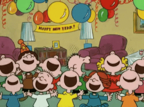 Peanuts characters celebrating new year's eve