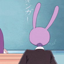 a purple rabbit with an angry face is sitting in front of a blackboard
