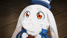 a white rabbit wearing a blue top hat and a blue jacket