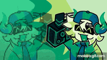a cartoon character with horns and headphones is holding a large speaker
