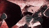 a man with spikes on his head is fighting a group of people .