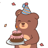 a brown teddy bear wearing a party hat holds a birthday cake