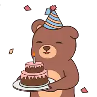 a brown teddy bear wearing a party hat holds a birthday cake