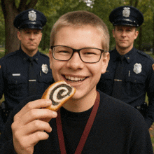 two police officers are standing behind a young man holding a pastry with a c on it