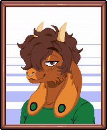a pixel art drawing of a goat wearing a green shirt and horns
