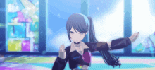 a girl with a ponytail is dancing in a room with a stained glass window in the background .