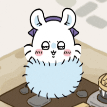 a cartoon drawing of a white hamster with a purple headband