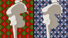 a drawing of a skeleton on a red and green checkered background