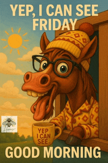 a horse with glasses and a hat is holding a cup that says yep i can see friday