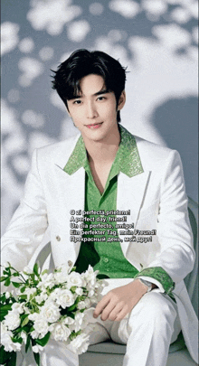 a man in a white suit and green shirt is holding flowers
