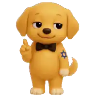 a cartoon dog wearing a black bow tie and a blue star on his arm