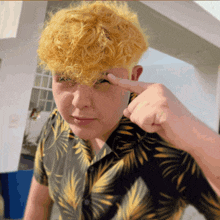 a young man with blonde hair is pointing at his eyebrows