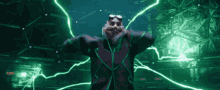 a man in a purple jacket is surrounded by green lightning bolts