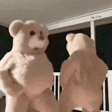 two teddy bears are standing next to each other