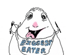 a pixel art drawing of a hamster wearing a bib that says biggest eater