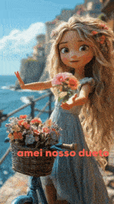 a picture of a girl on a bike with a basket of flowers and the words amei nosso duetto below her