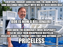 a man is standing in front of a pile of sinks with a caption that says priceless