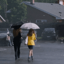 a woman in a yellow jacket is holding an umbrella