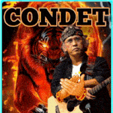 a man holding a guitar in front of a tiger with the name condet on the bottom