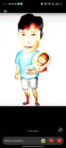 a cartoon of a man holding a baby with a broken heart in the corner