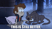 a cartoon of a boy and a wolf with the words " this is still better " below them