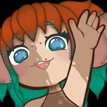 a cartoon of a girl with red hair and green hair waving her hand