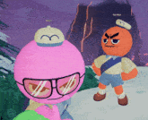 two cartoon characters are standing next to each other and one of them has a hat with the letter m on it