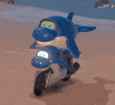 a cartoon dolphin is riding a motorcycle with dunlop tires
