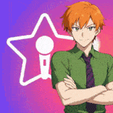 a man with orange hair and green eyes is standing with his arms crossed in front of a star icon