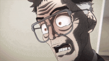 a close up of a cartoon character wearing glasses and making a funny face
