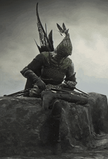 a black and white photo of a knight with a bird on his head
