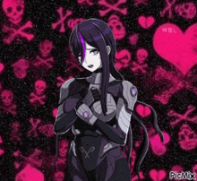 a picture of a girl with skulls and crossbones in the background and the word picmix at the bottom