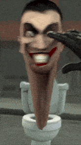 a cartoon of a man with a very long nose standing next to a toilet bowl