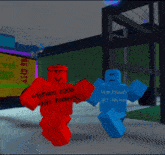 a red roblox character is standing next to a blue character