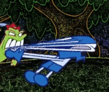 a cartoon drawing of a frog and a blue cartoon character .