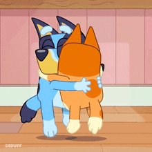 two cartoon animals hugging each other with the words seduff on the bottom right