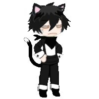 a boy with black hair and cat ears is standing with his hands in his pockets on a white background .