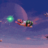 a cartoon character is flying through the air with a green light