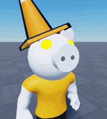 a cartoon pig wearing a yellow shirt and a yellow cone on its head