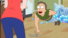 a cartoon of a man doing push ups with the words " i 'm solid " next to him