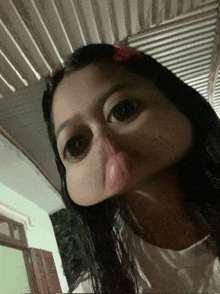 a close up of a girl 's face with a red flower on her head
