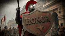 a knight holding a shield that says honor on it