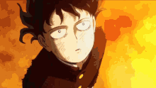 a close up of a cartoon character 's face with a fire background