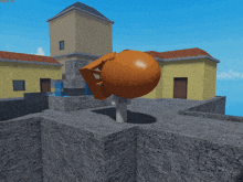 a screenshot of a video game shows a large orange object in the foreground and a fountain in the background