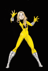 a cartoon drawing of a woman in a yellow suit holding a light